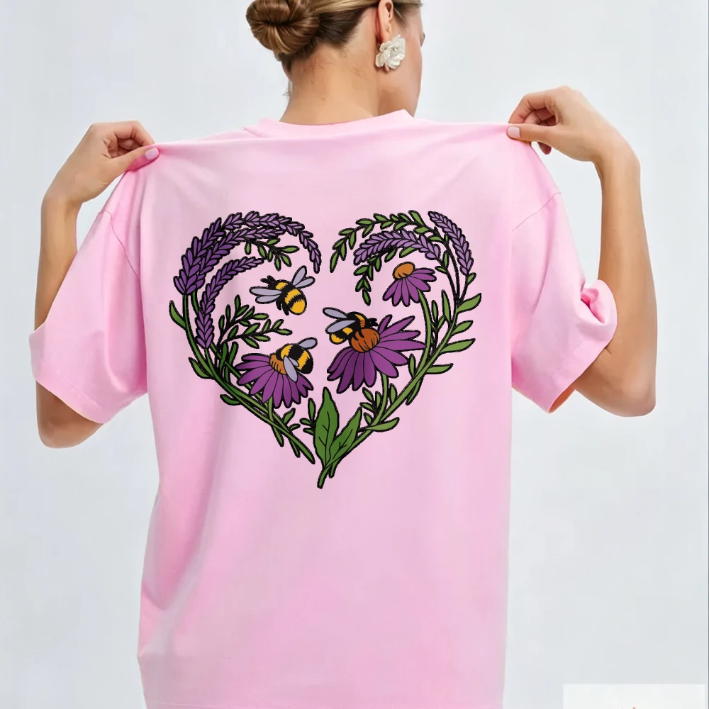Heart-shaped Floral Pattern Short Sleeve Crew Neck Cotton T Shirt with Bees Purple Flowers Green Leaves Beige Relaxed Fit Tops