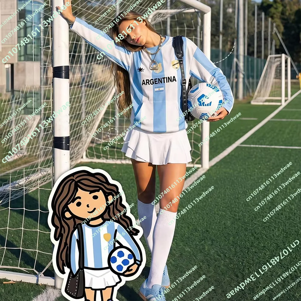Autumn Argentina Football Team Jersey Long Sleeves Top Girl Classic Fashion Youthful And Street Style School Starts Lass T-shirt
