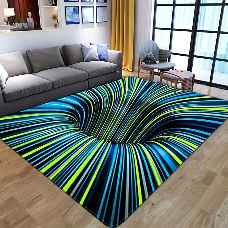 2D Flat Blue Yellow Neon Vortex Optical Illusion Flannel Area Rug Non Slip Modern Abstract Carpet For Living Room Bedroom Floor