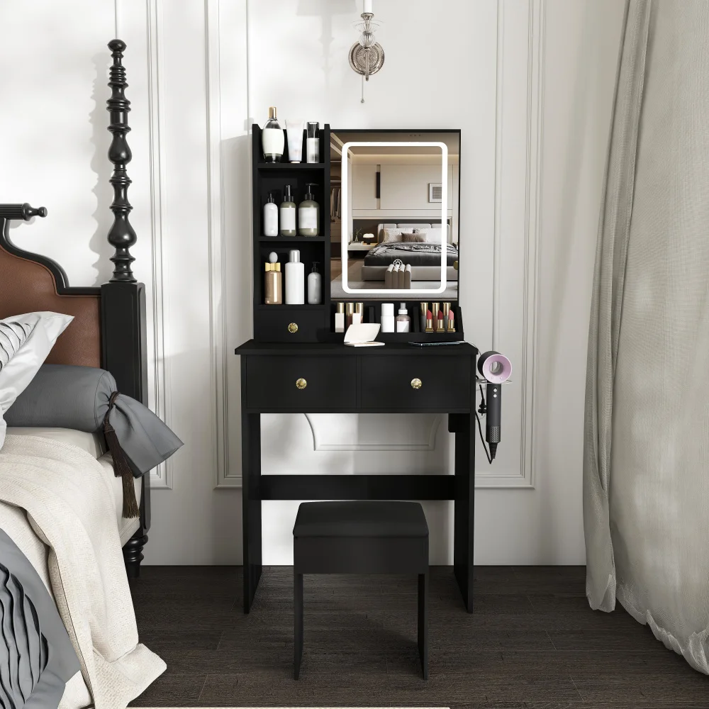 Orraves Modern Small Vanity Desk, Featuring 3 Modes of LED Lighting with Adjustable Brightness, 3 Drawers and Multiple Open Storage Shelves, a Hair Dryer Holder and Power Socket, and a Dressing Chair. Black