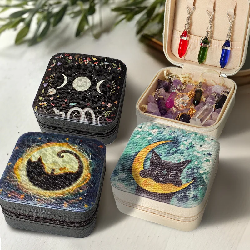 Black Cat Moon Gothic Portable Zipper Keepsake Box Organizer Case Witchcraft Supplies, Spiritual Gifts for Women Girls