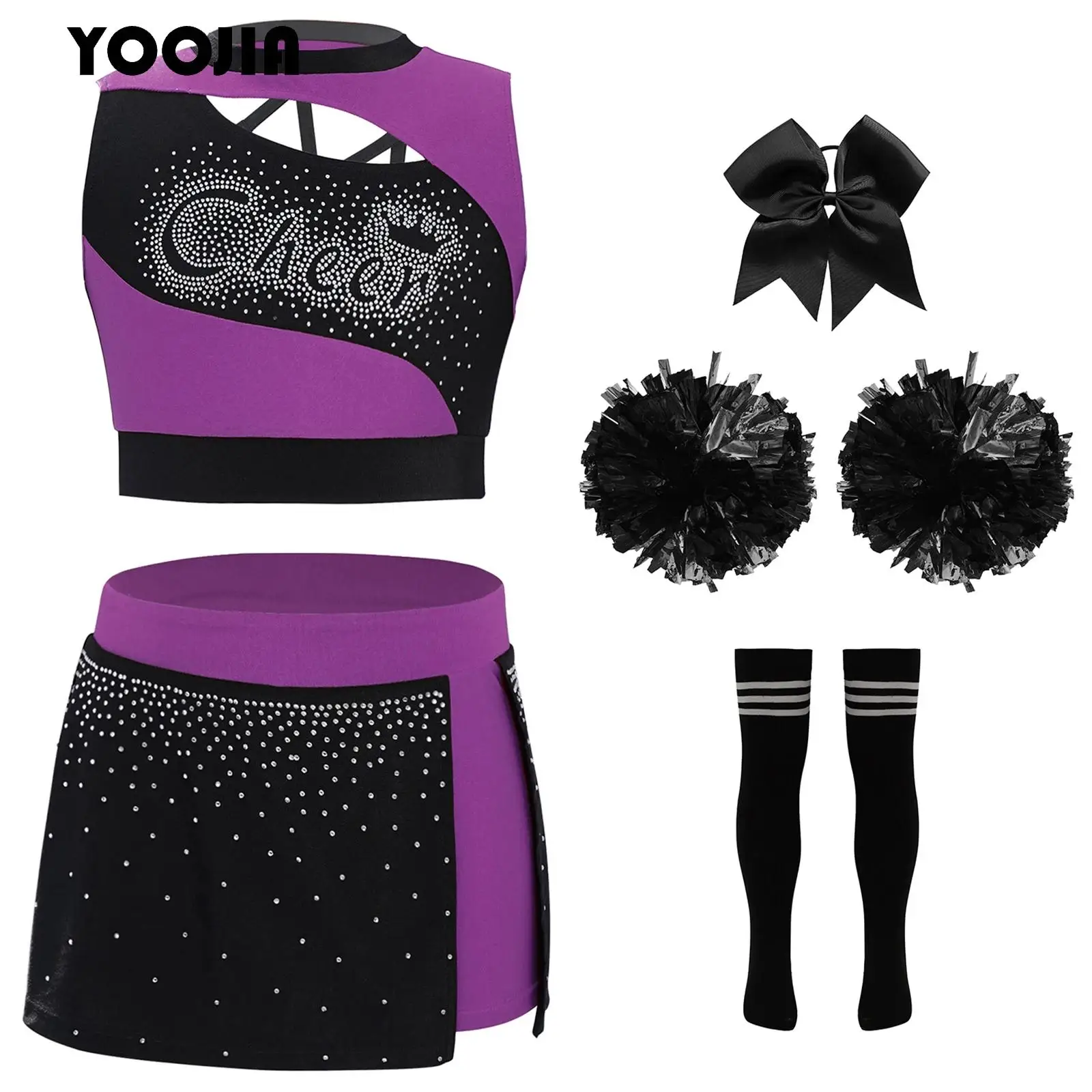 4Pcs Rhinestones Cheerleading Dance Outfit for Kids Girls Sports Meeting Cheerleader Uniform Crop Top with Side Slit Skirt Set