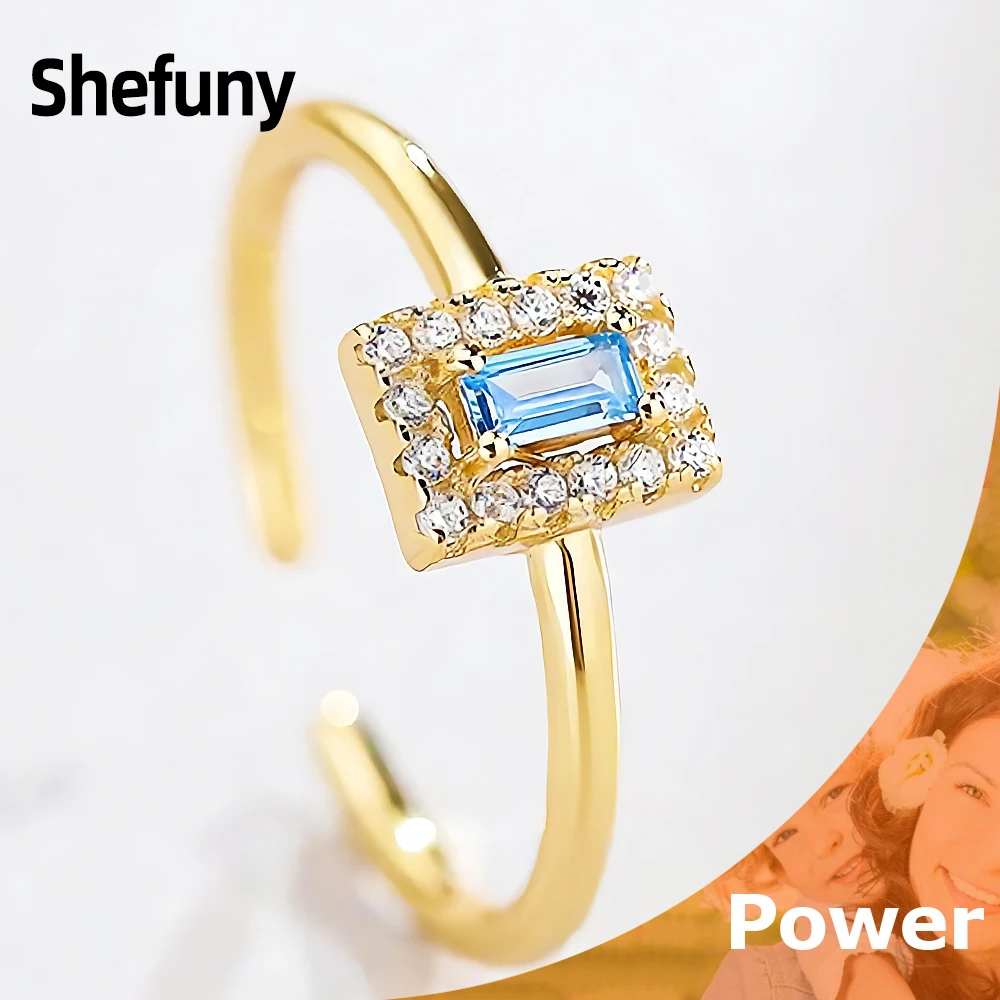 

925 Sterling Silver Geometric Adjustable Finger Rings Blue Zircon Rectangle Open Size Rings For Women Fine Jewelry Birthday Gift