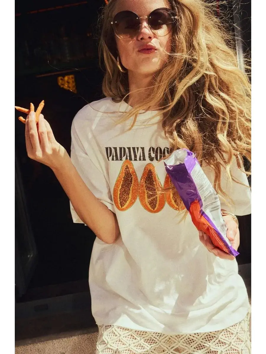 

Cute Fruit Papaya Pattern T Shirts Sweet Women Unique Retro Short Sleeve Tees 100% Cotton Summer Loose Large Size Women Clothing