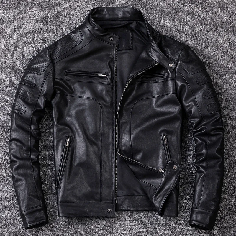 Chaqueta de cuero de oveja curtida vegetal para hombre, chaquetas de motociclista, cuello alto corto Delgado, ropa de cuero genuino, abrigo