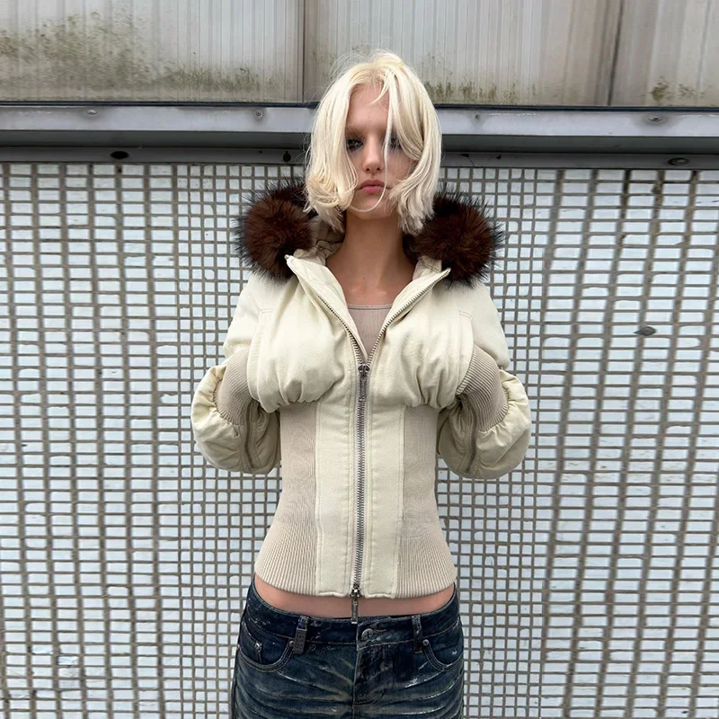 Fashion Women's Waist Cinched Fur Patchwork Hooded Short Jacket Slim Long Sleeve Zipper Pockets Coat 2026 Autumn Lady Jackets