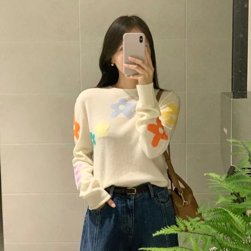 한국 슬레 니트 스웨터 꽃 장식 면 100% 여성 패션 겨울 시즌 캐주얼웨어