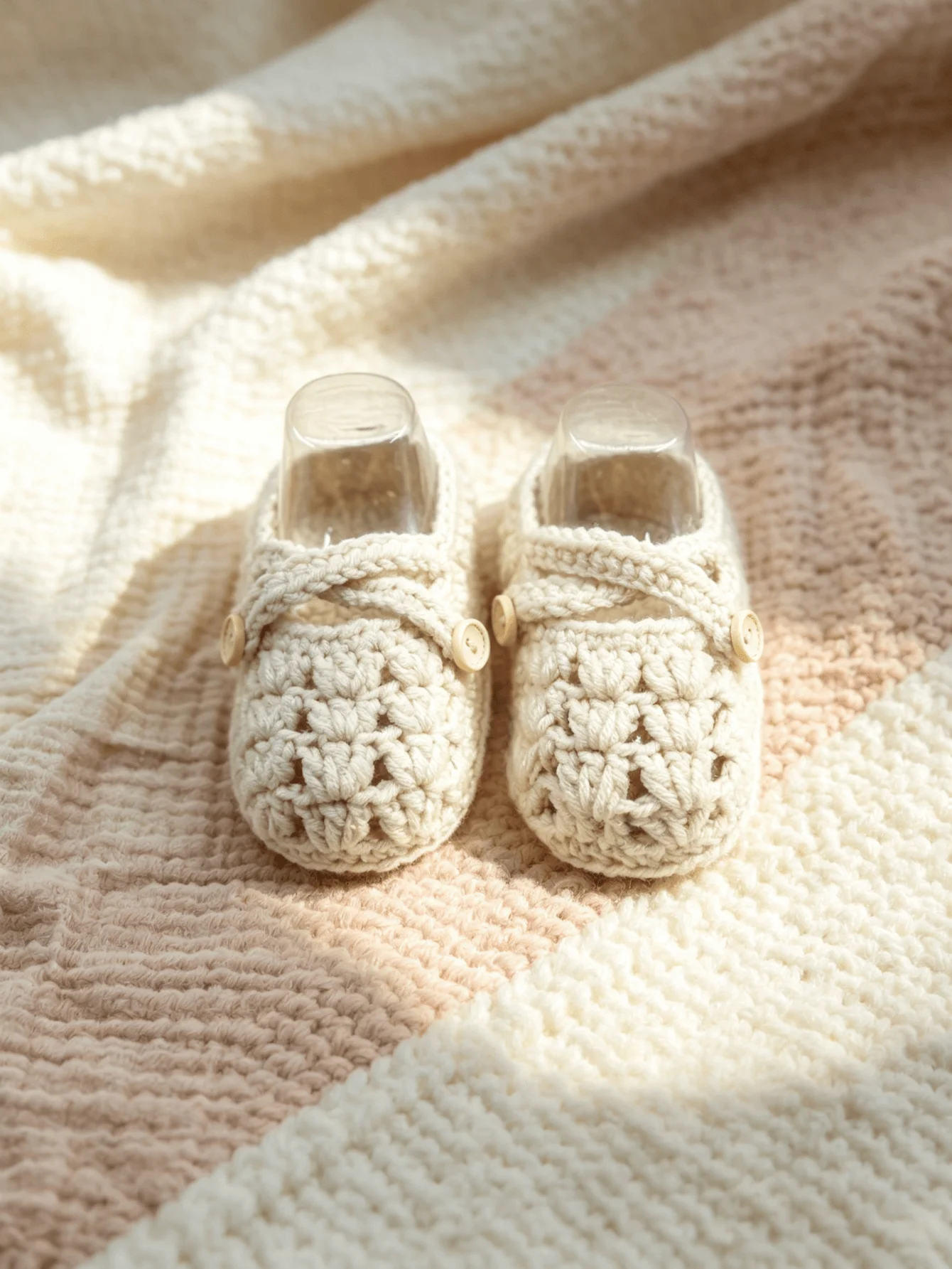 1 Pair Handmade Crochet Baby Booties, White, Knit Mary Jane Shoes with Button Strap, Infant Shoes