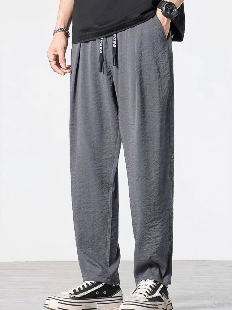 여름 코튼 캐주얼 조깅 린넨 바지 남성 아이스 실크 헐렁한 바지 남성 워킹 와이드 레그 루즈 스웨트 팬츠 중국어