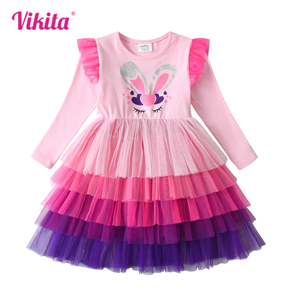 VIKITA Girls Rabbit Cartoon Print Dresses Kids Spring Autumn Long Sleeve Dress Girls Pink Layered Mesh Tulle Princess Vestidos