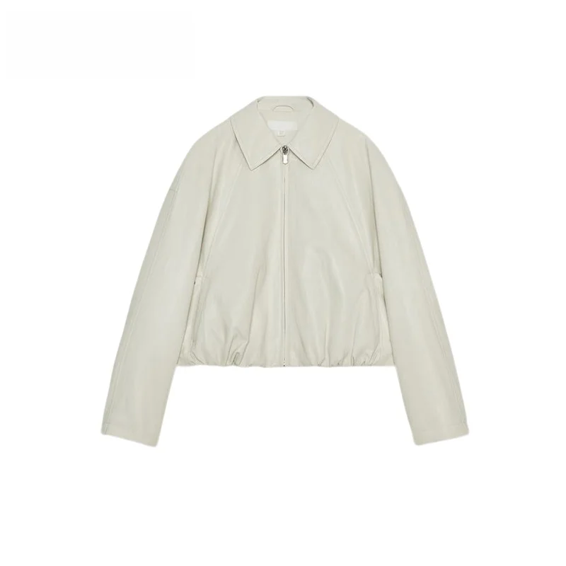 

Casual Sle Women's Pilot Jaet Coat Long Sve Zipper Fake Leather Stand Collar ort Outerwear Polyester Fiber