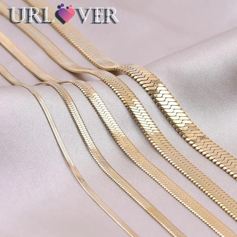 URLOVER 18K Gold 4mm Blade Chain Necklaces For Women Men 925 Sterling Silver Flat Snake Clavicle Chain Necklace Jewelry Gifts