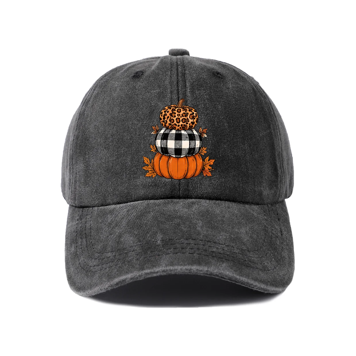 Stacked Plaid Pumpkins Graphic Baseball Cap, Vintage Washed Adjustable Unisex Dad Hat, Casual Gift