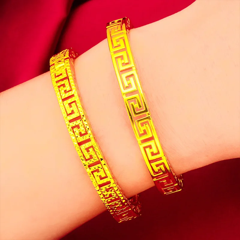 24k Real Gold Plated Women Chinese Style Auspicious Great Wall Pattern Bangle Lucky Feng Shui Blessing Hollow Out Buckle Bracele