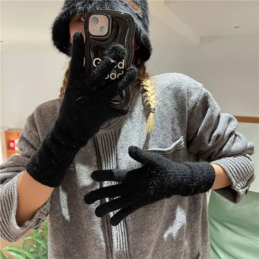 Striped Thermal Knitted Gloves Rabbit Fur Cold Resistant Knitted Gloves Thickened Windproof Split Finger Long Gloves