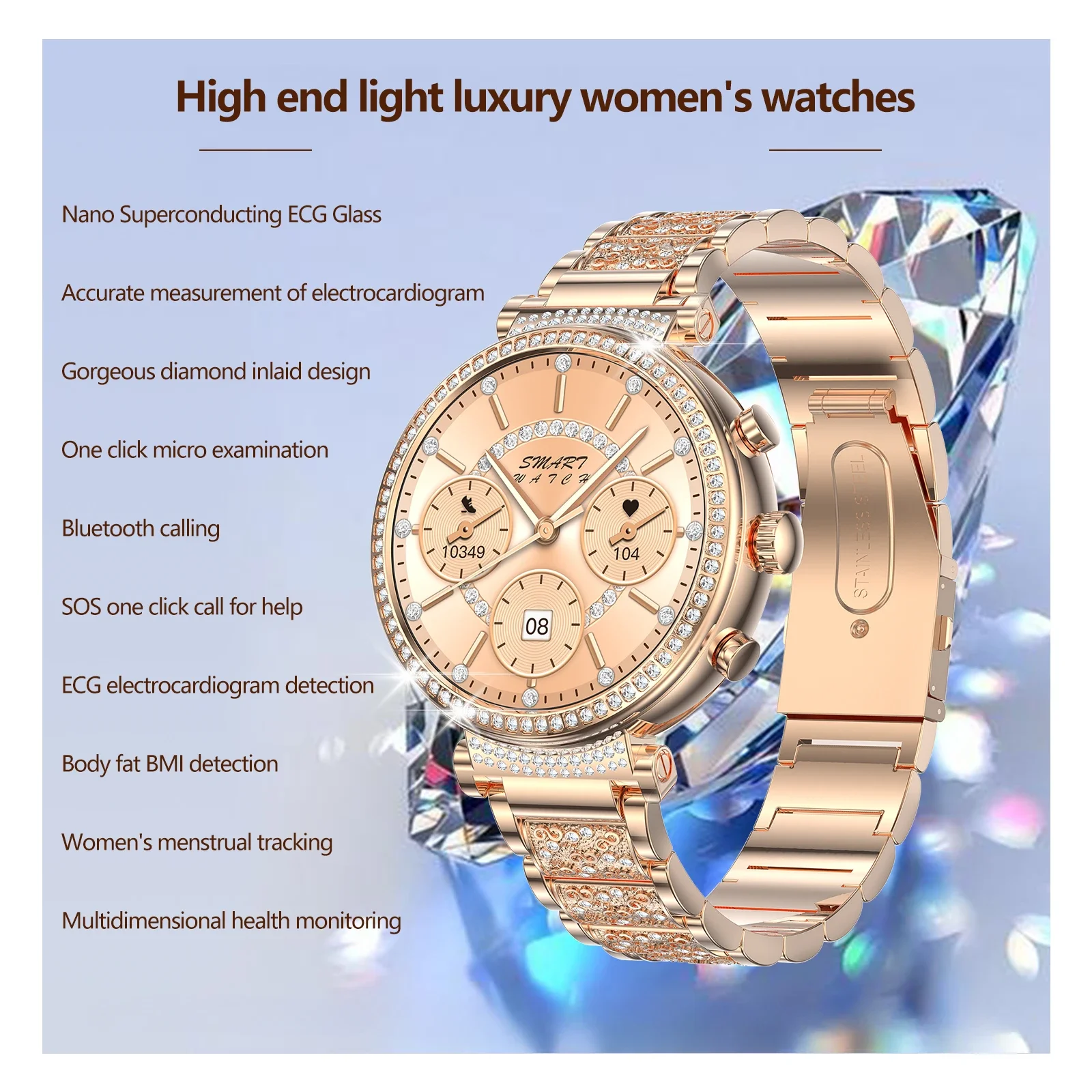 Ladies Health Monitoring Diamond Band Smartwatch Women Fashion Bluetooth Calling Sports Fitness Smart Watch