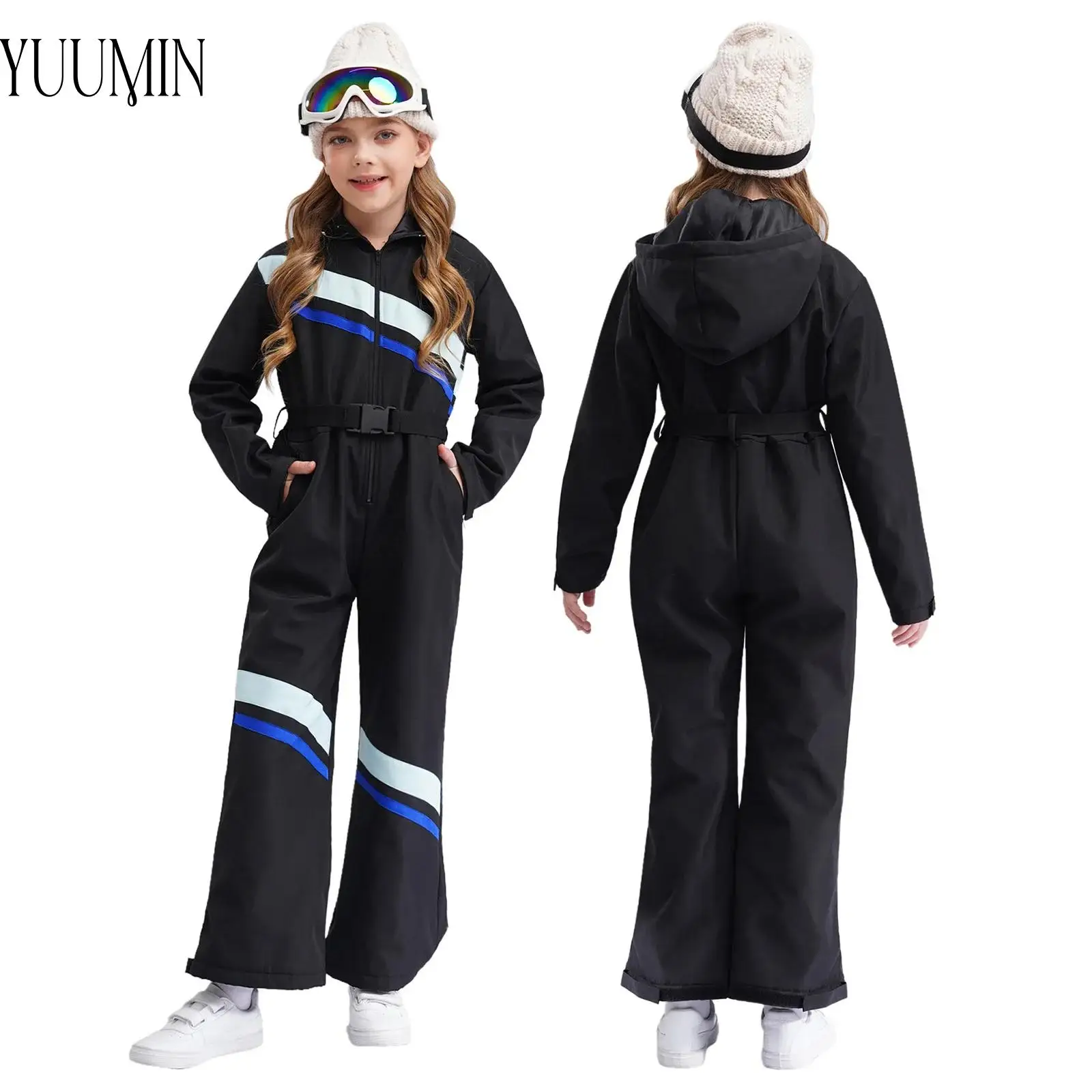 Kids Girls Ski Hooded Skating Dance Jumpsuit Costumes Long Sleeve with Belt Skiing Camping Snowboarding Mountaineering Costumes