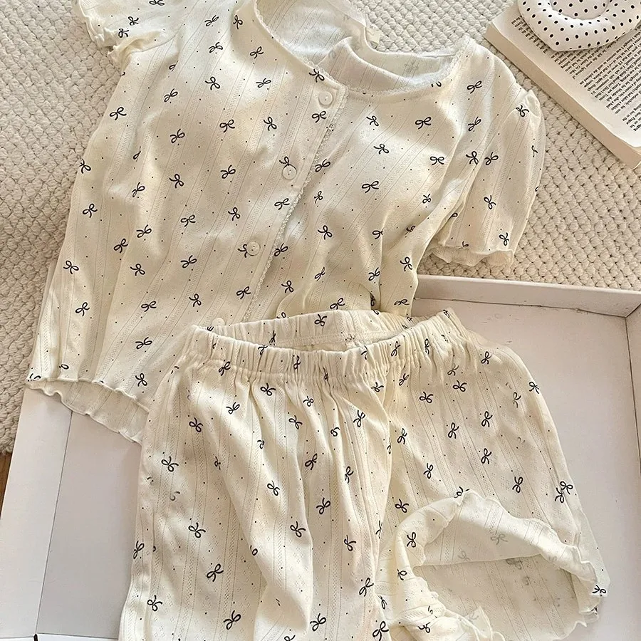 Sommer-Damen-Pyjama-Set mit Kurzarm-Oberteil und Shorts, Mädchen-Pyjama mit Brustpolstern, Dünnes Atmungsaktives Lässiges Homewear-Set