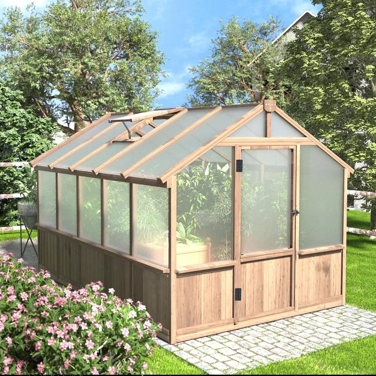 

Cedar Frame Walk-in Greenhouse with Adjustable Vent & 6MM Twin-wall Panels, Backyard Garden Shed, 8x10FT, Custom