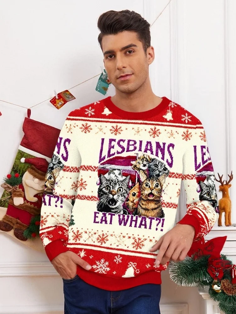 

Funny Christmas Ugly Sweatshirt Men's Cat Printed Autumn Long Sleeve Round Neck Chic Pullover Holiday Colorblock Tunics