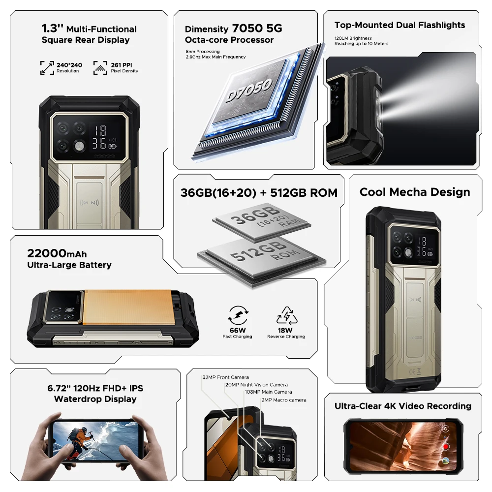 DOOGEE S200 Max 5G هاتف متين مصباح يدوي مزدوج الضوء 16GB 512GB 22000mAh 66W 1.32 "العرض الخلفي 6.72 "120 هرتز NFC الهاتف الذكي