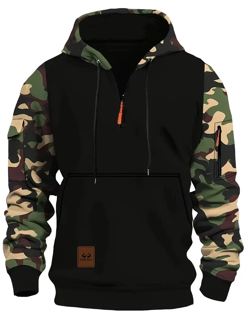 

New men's casual hoodie for autumn and winter, high-quality camouflage sleeve zipper long-sleeved pullover hoodie, men's style