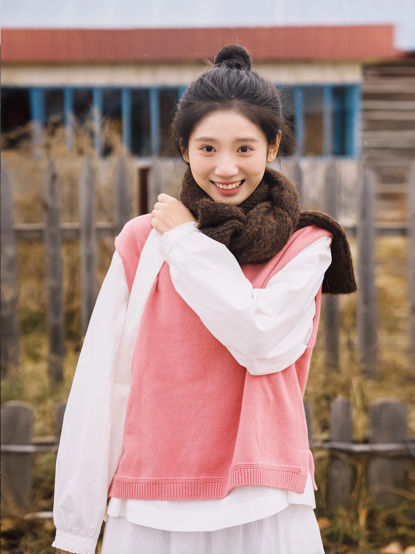 

Pink Knitted Vest Simple Bun Head Autumn Winter Cotton 00 Women's Vest No Pilling Comfortable round Ne Regular Length