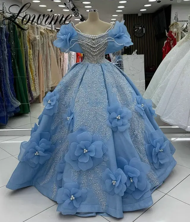 

Light Blue Puffy Off Shoulder Ball Gown Evening Dresses Customized 3D Flowers Pearls Beaded Luxury Wedding Events Party Gowns