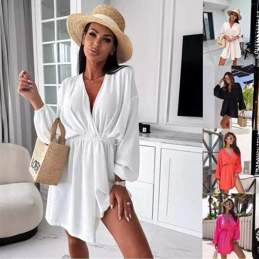 Women Causual V Neck White Mini Dress Boho Solid Beach Long Sleeveless Sundress Oversized Loose Dress 2024 Autumn A-line Dress