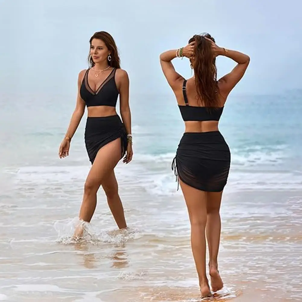 2Pcs/Set Women Bikini Set V-Neck Padded Underwire Swimming Bra High Waist Fake Two Pieces Swimming Trunks Set ﻿