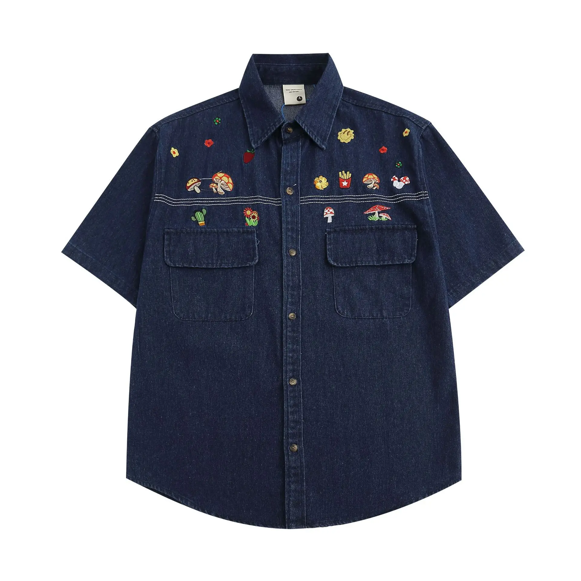 Japan Style Cartoon Pattern Embroidery Denim Shirt Men Women Summer Fashion Short Sleeve Single Breasted Multi-pocket Streetwear