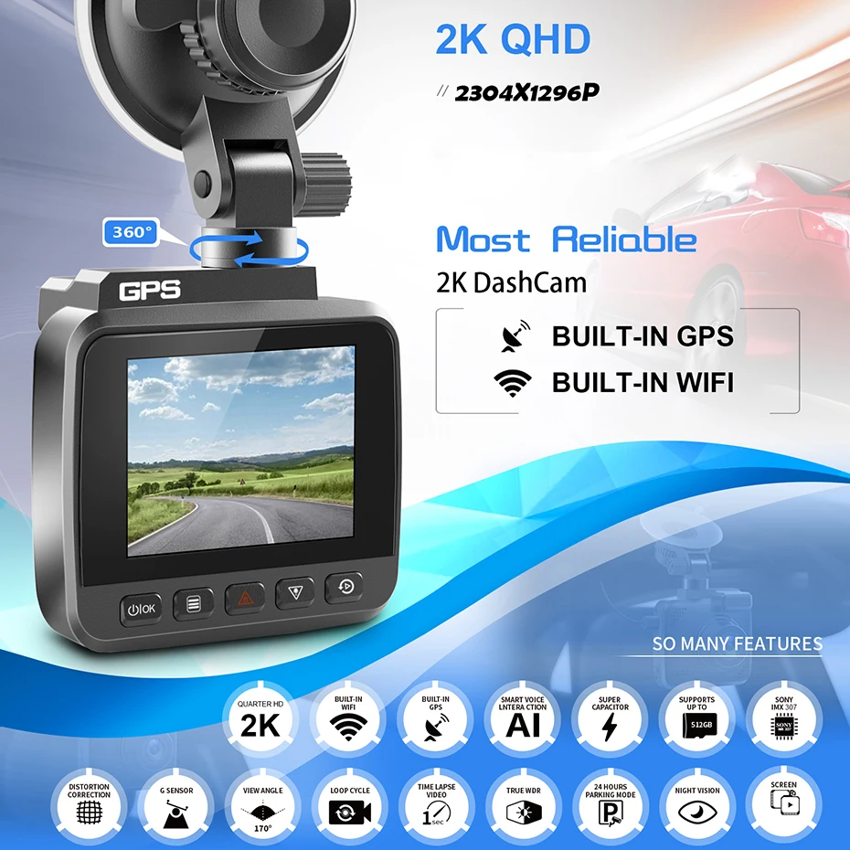 2K WIFI Dash Cam Car DVR 1296P Built-in GPS 3 Inch IPS Screen Novatek 96672 Car Video Recorder 24Hour Parking Monitor Black Box