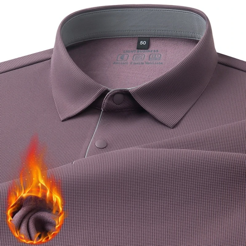 Men's Seamless Color Block Polo, Fleece-Lined Nylon-Spandex Blend, Gold Medal Quality, Business Long Sleeves