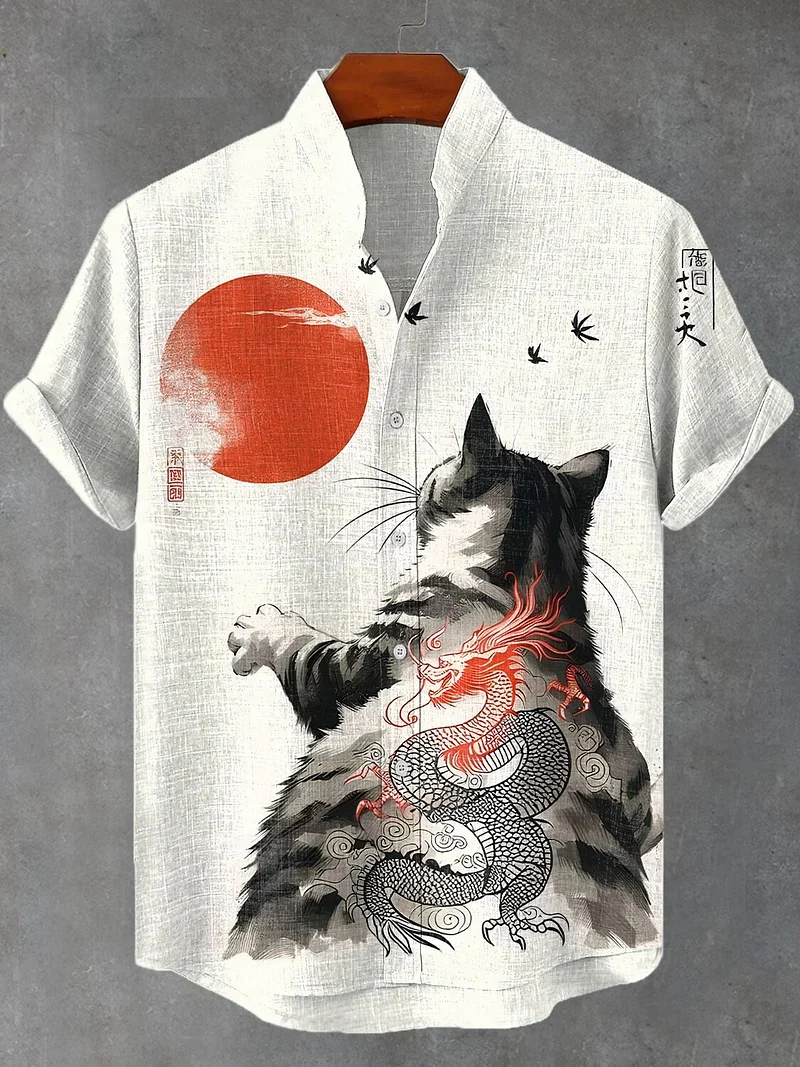 

Новая мужская льняная рубашка в стиле ретро с 3D животным принтом и короткими рукавами, повседневная льняная верхняя рубашка с узором щупакле