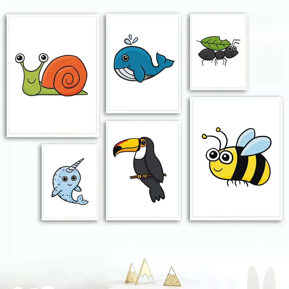 

Cartoon Bee Ant Snail Whale Tortoise Toucan Wall Art Canvas Painting Nordic Posters And Prints Wall Picture Baby Kids Room Decor