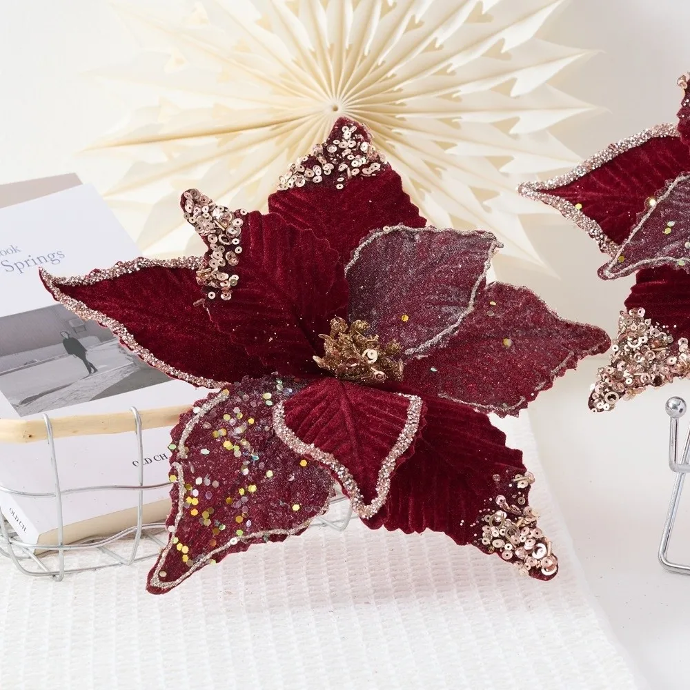 

New 26CM Wine Red Artificial Poinsettia Flower Glitter Sequins Christmas Glitter Flower Sparkling Sequins Flower Home Decoration