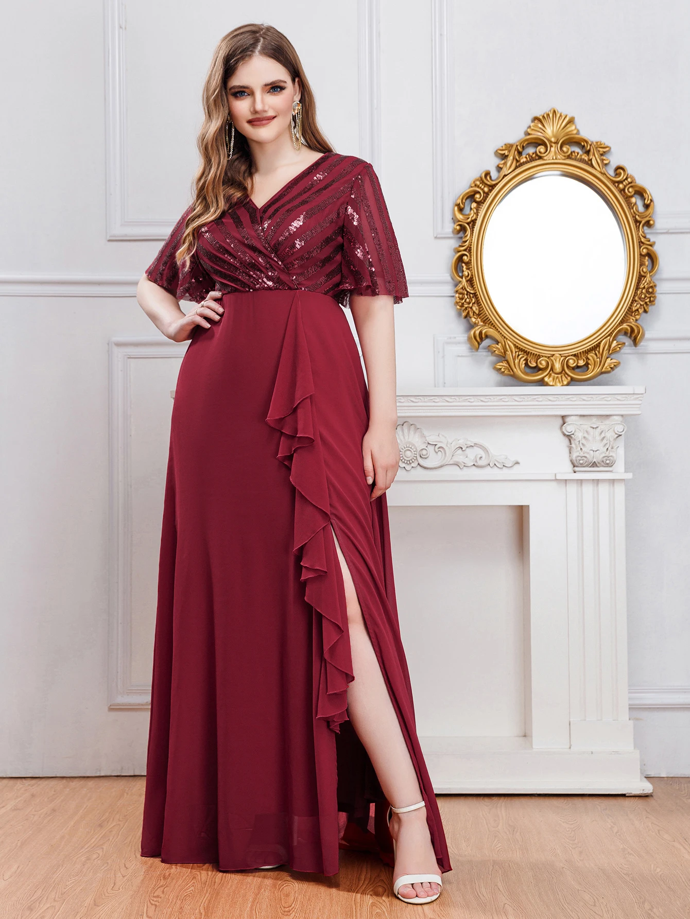 Plus Size kobiety suknie ślubne nowe modne dekolt w serek z wysokim stanem długa sukienka duża kobieca Temperament eleganckie cekiny sukienki imprezowe