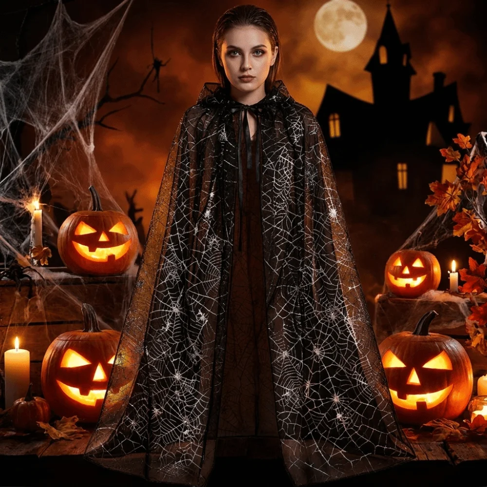 Gothic Style Lightweight Halloween Hooded Cape Black Semi-transparent Spider Web Mesh Cardigan Creative Bat Long Cloak Event
