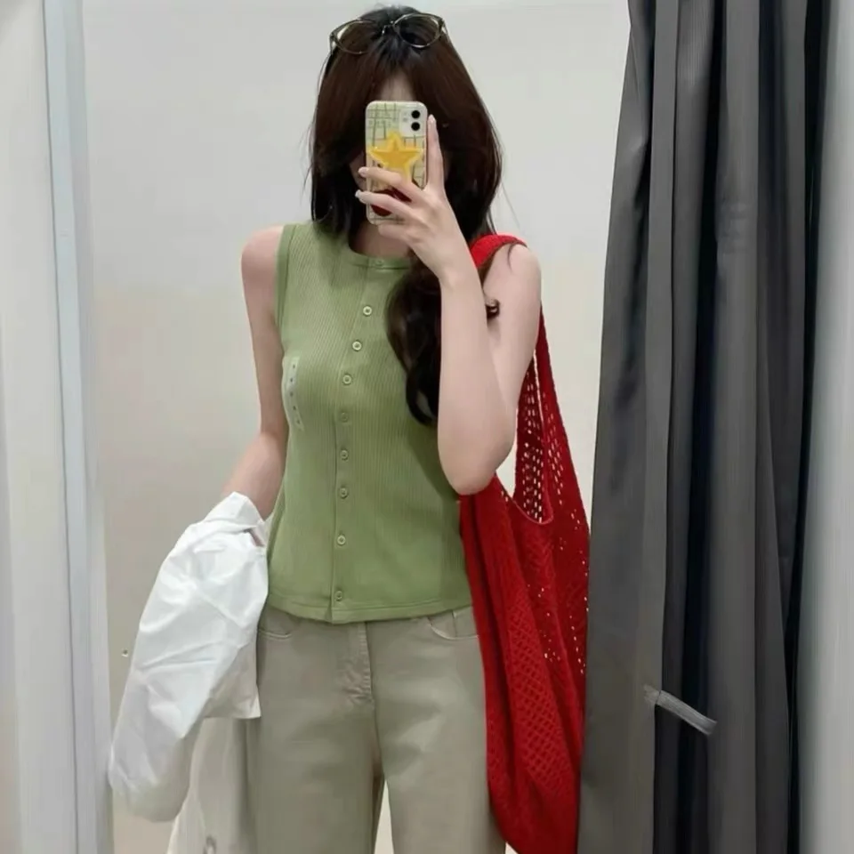 Basic Style Summer Women's Knitted Vest Front Buttoned Sleeveless Slim Fit Top Ribbed Cardigan 484226 Fashionable Outerwear