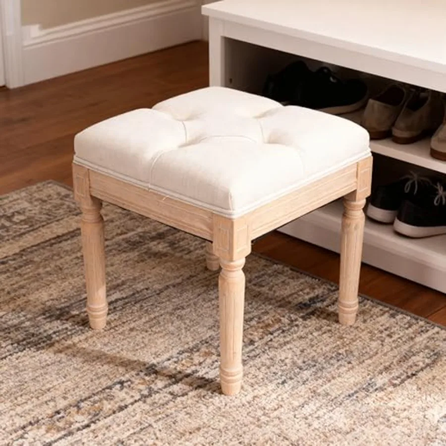 

Small Padded Bench, 15.75" Square Upholstered Ottoman Bench with Brushed Rubberwood Legs, Rustic Vanity Stool for Bedroom, Entr