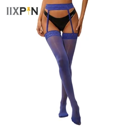 Exquisite Lace Floral Stockings With Garter Belt Glossy Sheer Transparent Thigh High Stockings Women One-Piece Cutout Pantyhose