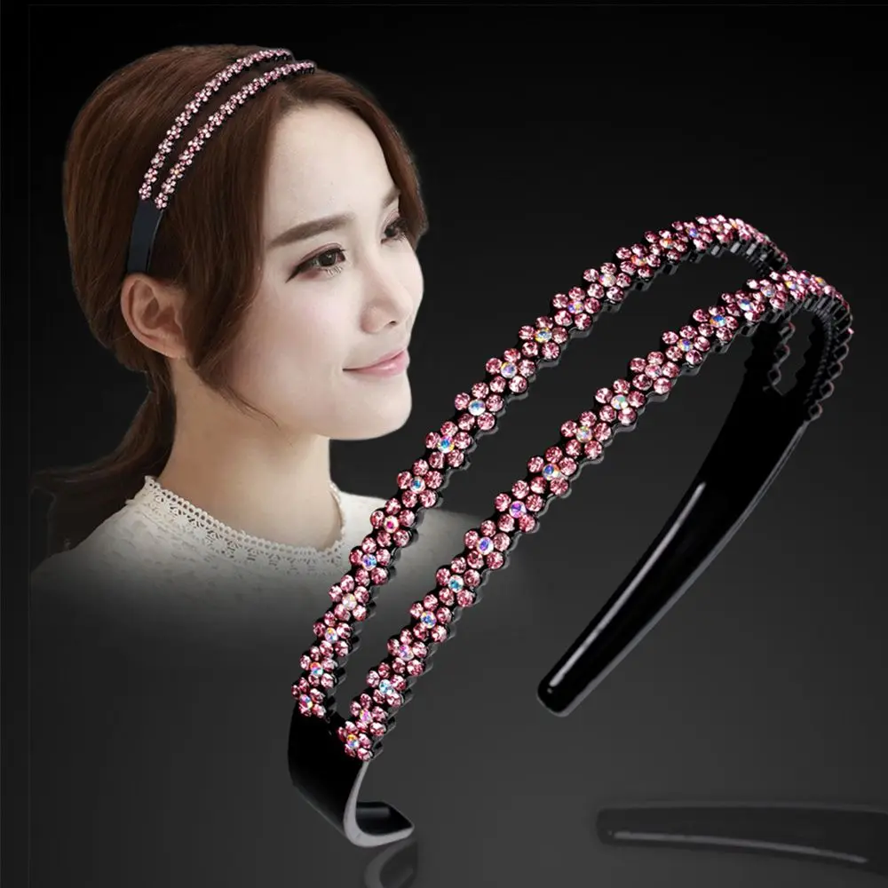 

Women Fashion Anti-slip Double Row Plum blossom Rhinestone Headband Hair Band Headwear Head Hoop