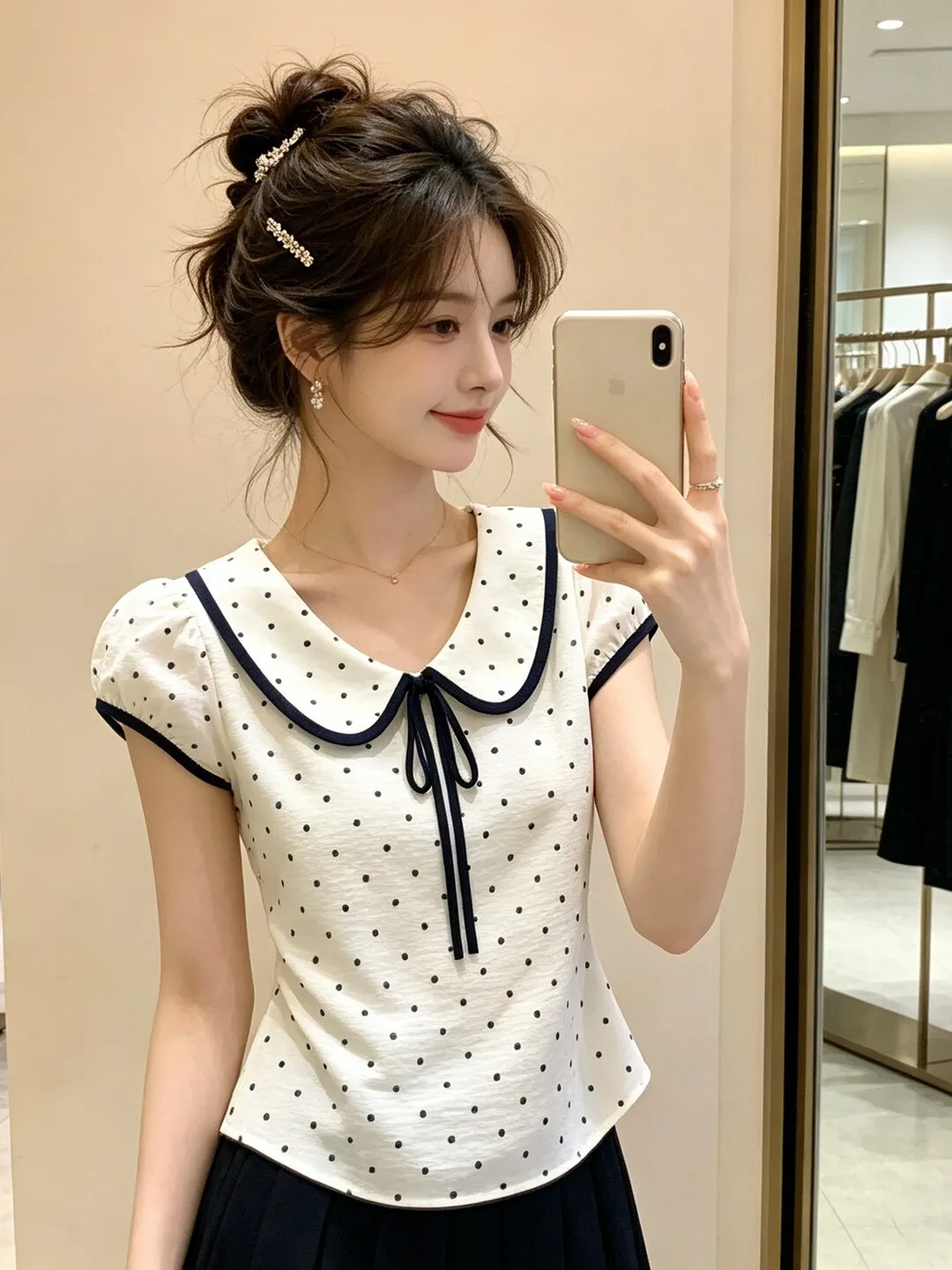 Polka Dot Contrast Color Doll Collar Short Sleeve T Shirt Women Summer New  Knot Waistband Slimming INS Top