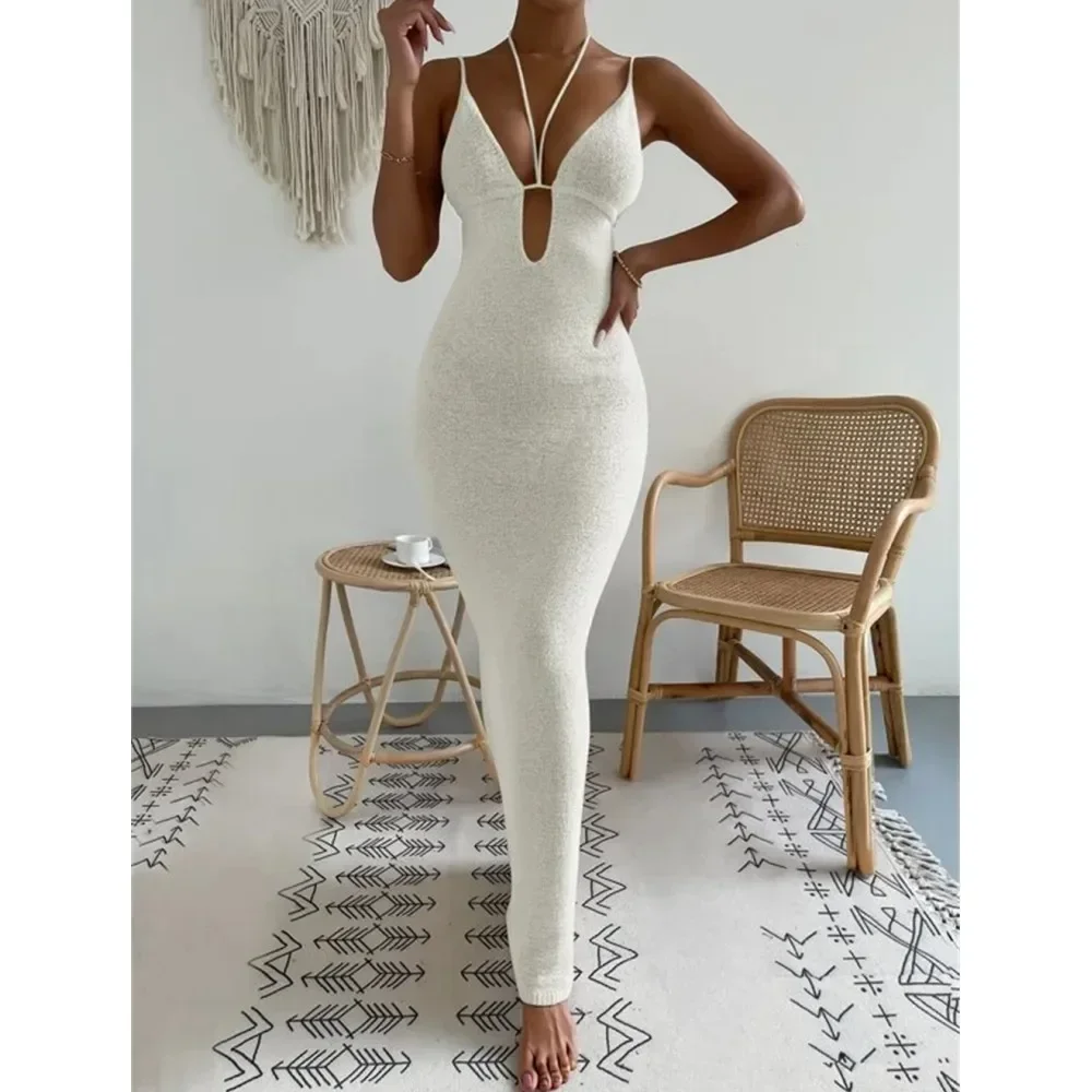 Spaghetti Strap Dress Bodycon Maxi Dresses Cut Out Halter Strings Sexy Women Backless Lace Up Knit Vacation Pencil Dress Vestido