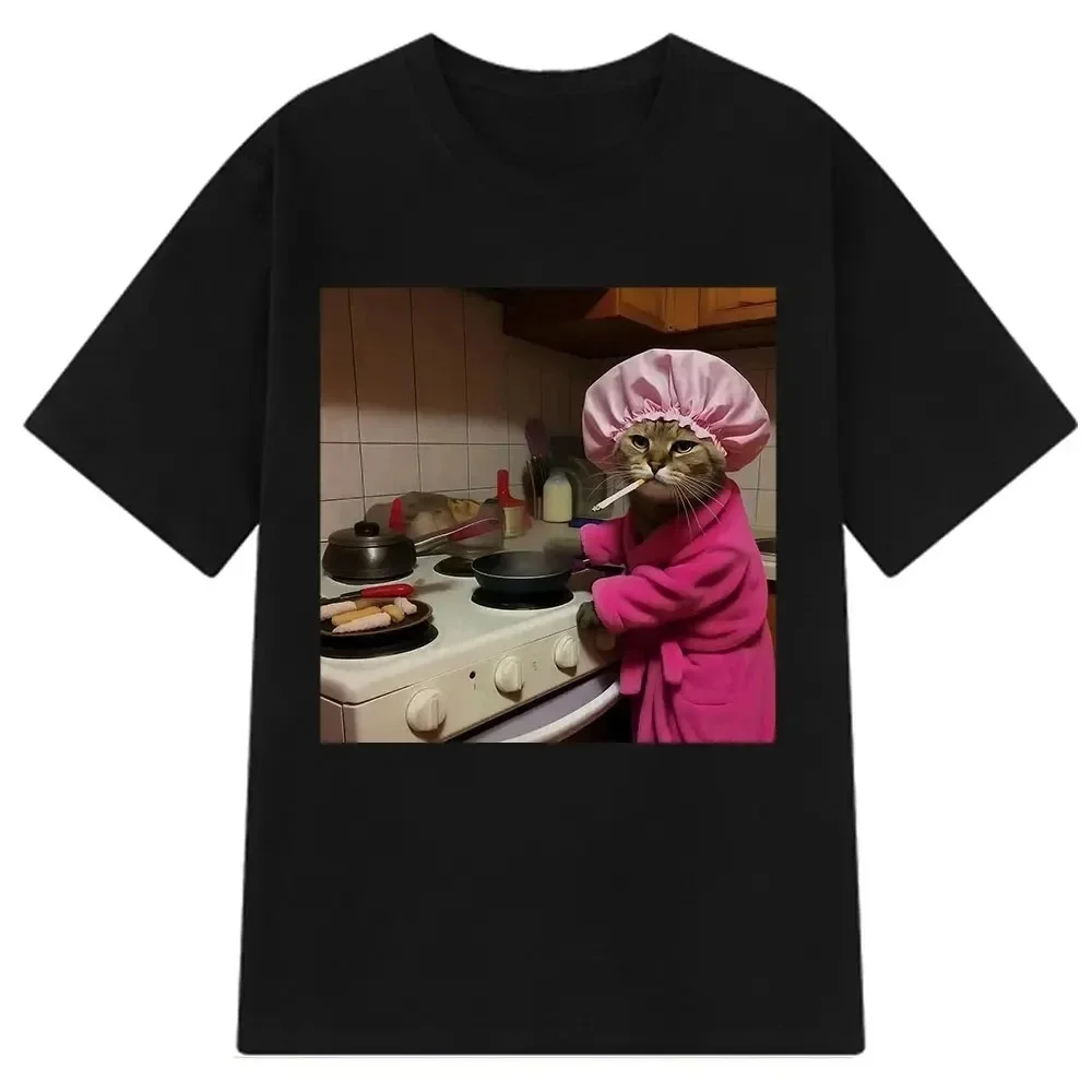 Funny Housewife Cat Meme Printed T-Shirt Women Vintage Tops Short-sleeved Fashion Casual Summer T-shirts Clothing Tops