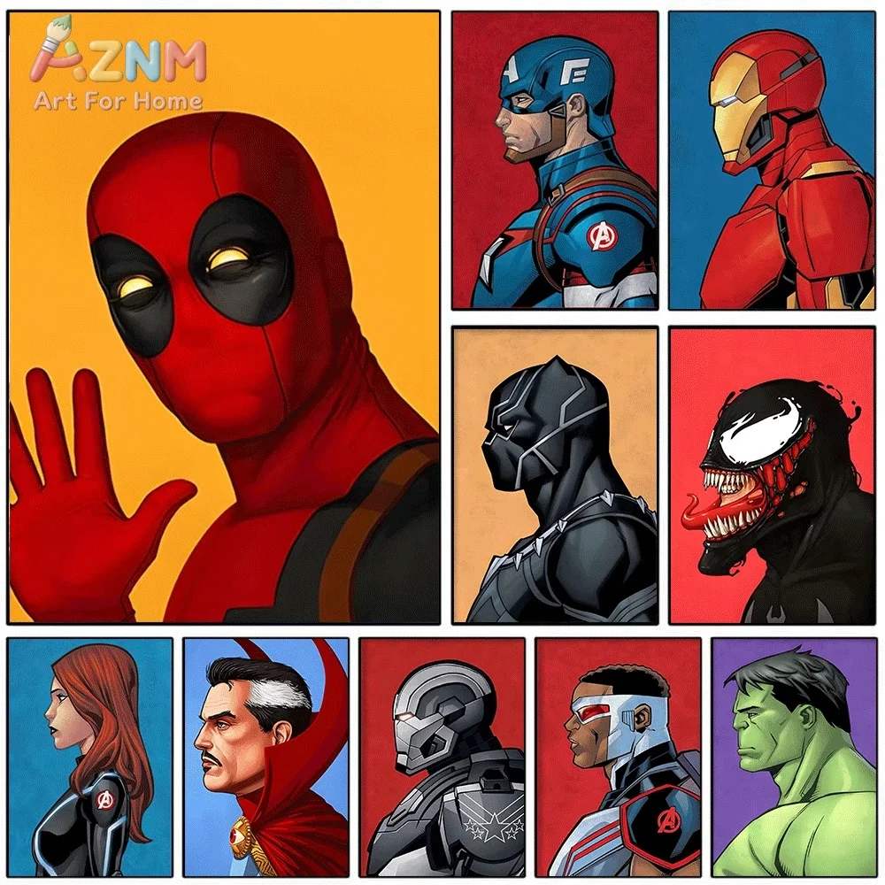 Superhero Pop Art Canvas Wall Art Deadpool Captain America Iron Man Venom Profile Portrait Print Poster, Frameless Wall Pictur