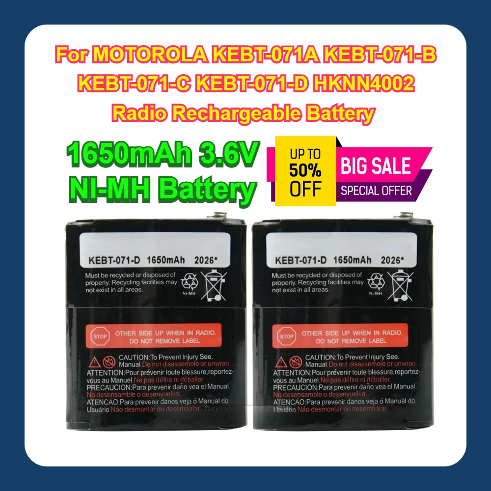 2PCS For MOTOROLA KEBT-071A KEBT-071-B KEBT-071-C KEBT-071-D HKNN4002 Radio Rechargeable Battery 1650mAh 3.6V NI-MH Battery