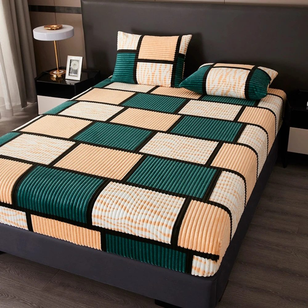 Winter Plaid Striped Velvet Fitted Sheet Thick Warm Milk Velvet Mattress Cover Elastic Deep Pocket Anti‑Slip Bed Sheet Protector Single Double Queen King Size Bedding Set