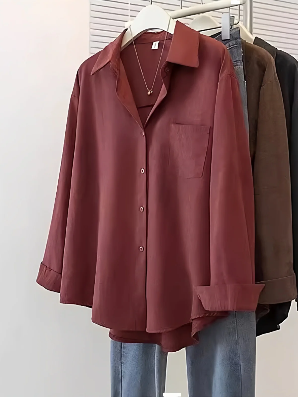 

Faionable Long Sve V-Ne Red irt Women's Loose Fit Korean Sle Autumn New Arrival plus Size Midi irt Jaet