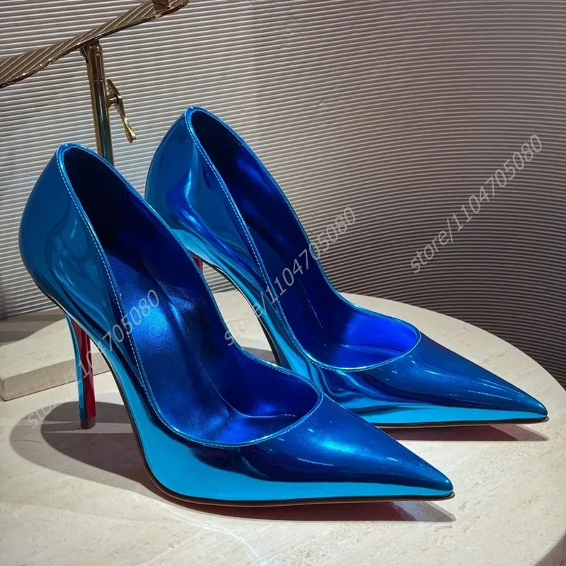 

Blue Mirror Shiny Leather Pump Girl Stiletto Pointed Rose Red Heel Woman Sexy Black Metallic Glitter Party Dress Concise shoes